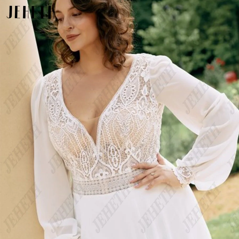 Vestido de novia clásico jeheth con talla extra grande 2024 V cuelloJEHETH-vestidos de novia clásicos con cuello en V y mangas abullonadas, vestidos de novia elegantes con apliques de encaje, línea A, talla grande 2024