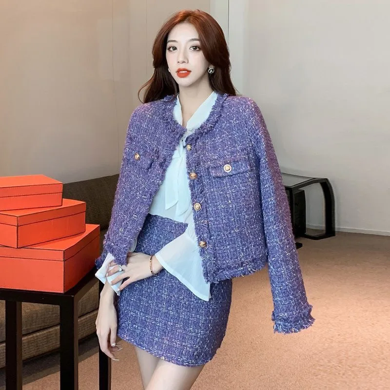 Women Elegant Tweed Jacket And Mini Skirt Two Piece Set Chic Noble Outfit Spring Autumn view 3