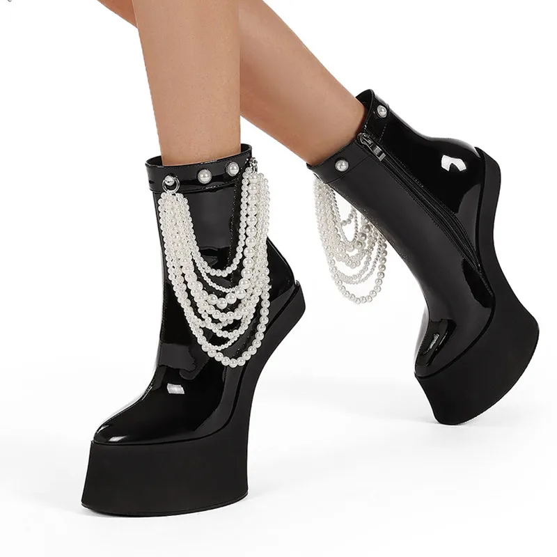 

Women Europe and America Pointed Toe Boots For Woman's Pearl Strange Heels Thick Bottom No Heels Ankle Botas Mujer Dance Shoes