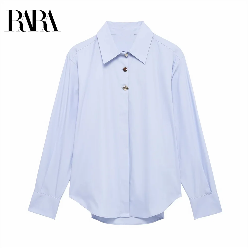 2025 RARA Women's Crisp - Collar Long - sleeve Shirt in Soft Blue with Unique Button Detailing for a Chic Look