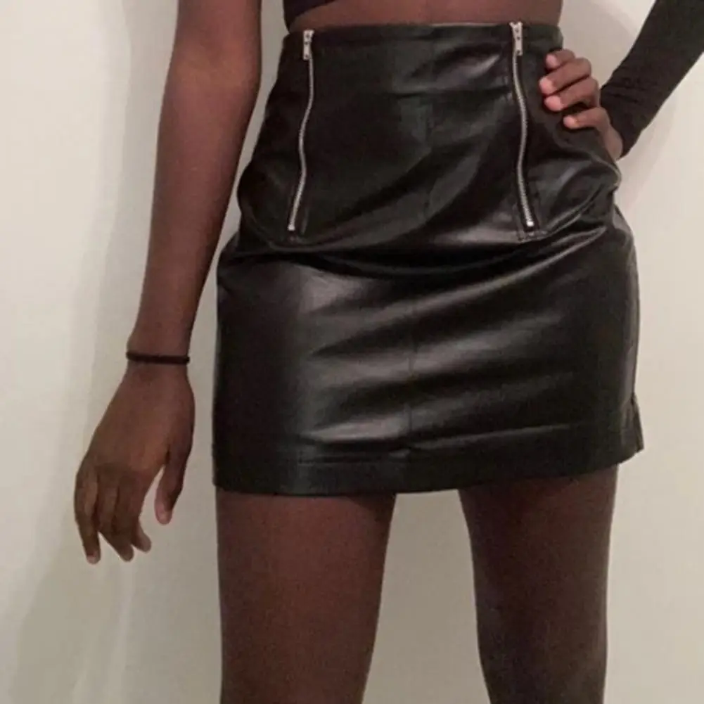 

High-waisted Skirt High Waist Faux Leather Mini Skirt for Women Zipper Closure Slim Fit Above Knee Length Solid Color for Club