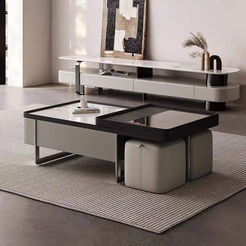 Modern Multifunctional Rectangular Coffee Table, Stone‑Wood Extendable Center Table with Stools Storage Living Room Furniture