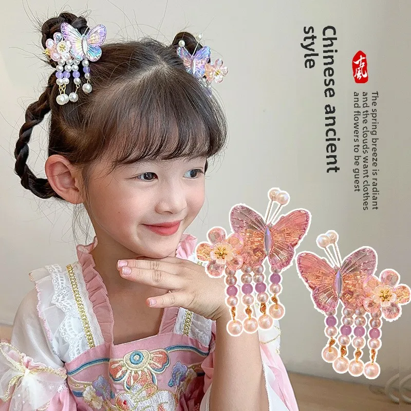 Детский головной убор Hanfu, древний костюм, заколка для волос в китайском стиле с кисточками, аксессуары принцессы для девочек, заколка для волос для девочек