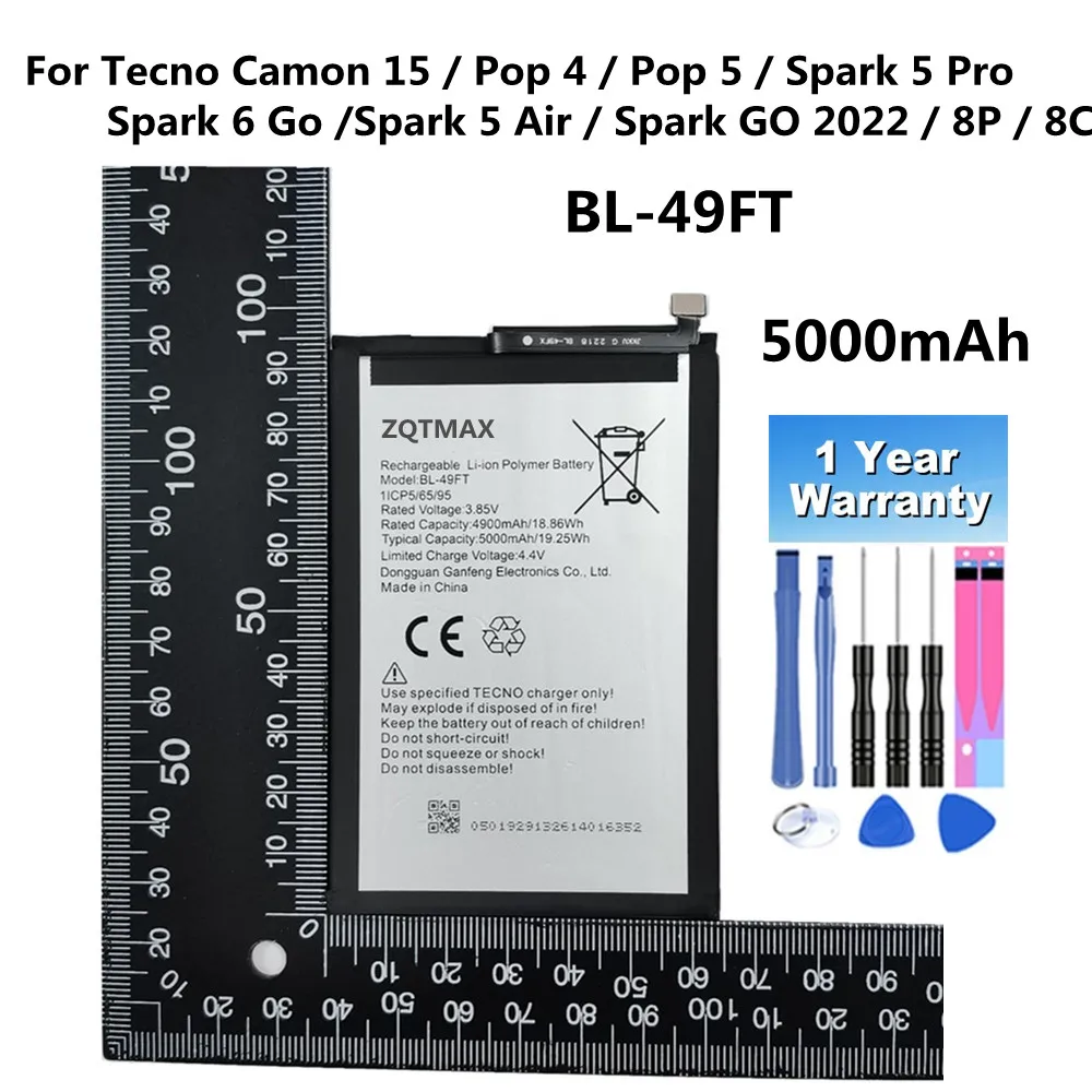 

BL 49FT Battery For Tecno Camon 15 / Pop 4 / Pop 5 / Spark 5 Pro / Spark 5 Air / Spark 6 Go / Spark GO 2022 / 8P / 8C BL-49FT