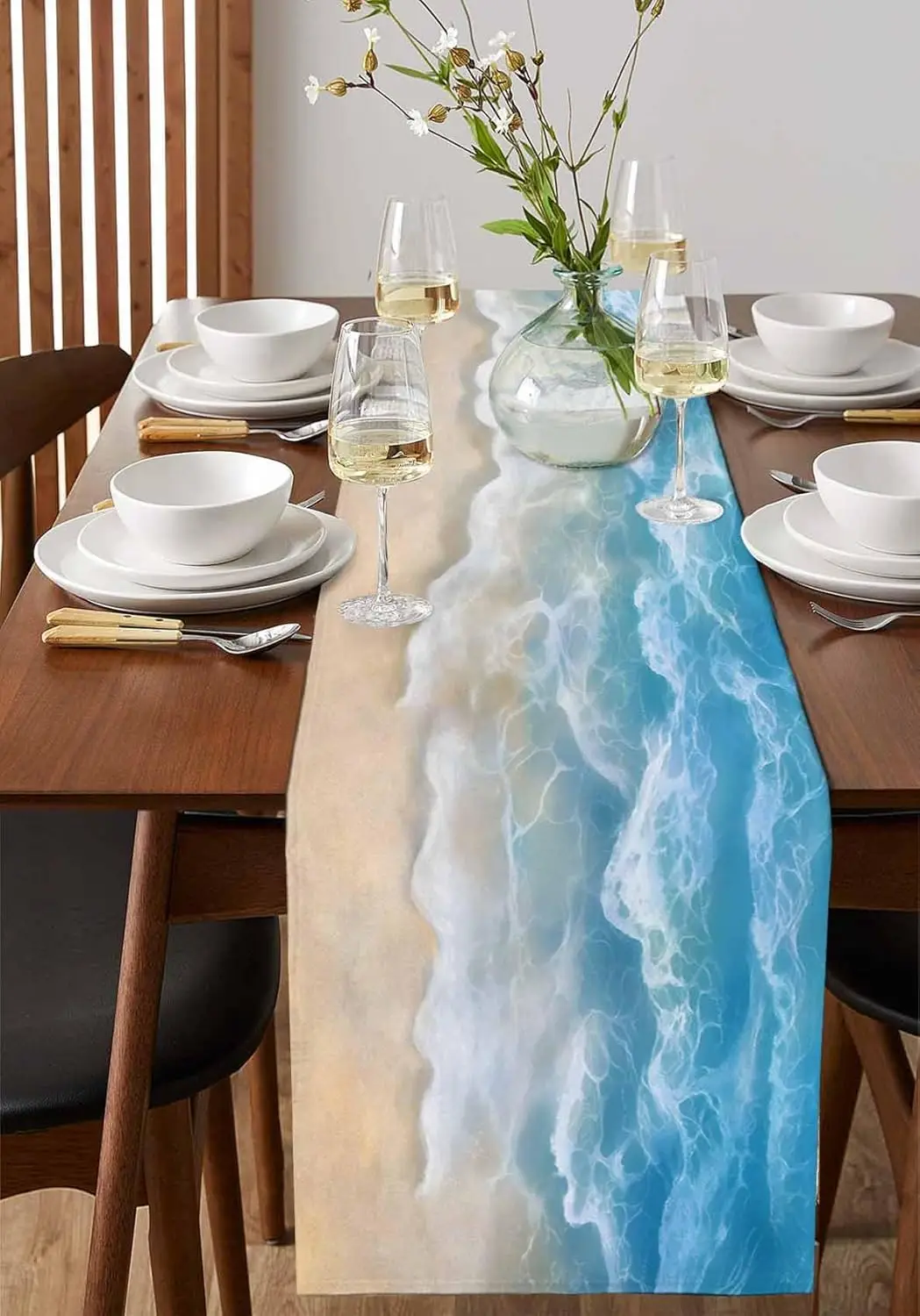 شاطئ المحيط موجة الأزرق تموج الماء الجدول عداء مضمد وشاح ديكور قابلة لإعادة الاستخدام المطبخ طاولة طعام عداء ديكور الحفلات #2