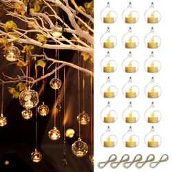 3/6/12Pcs Round Hollow Glass Hanging Stand Candle Holder Wedding Iron Art Home Decoration Table Lantern with Electronic Candles