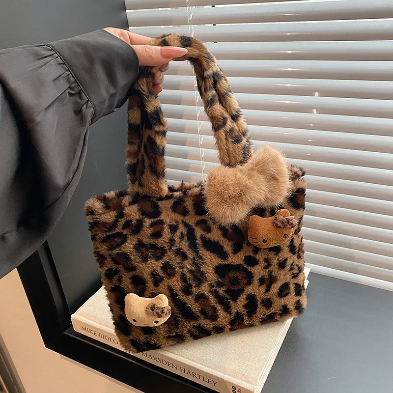 

For Kt Leopard Print Tote Bag Winter Cute Edition Black Leather KT Cat Girl Y2K Commuter Bag