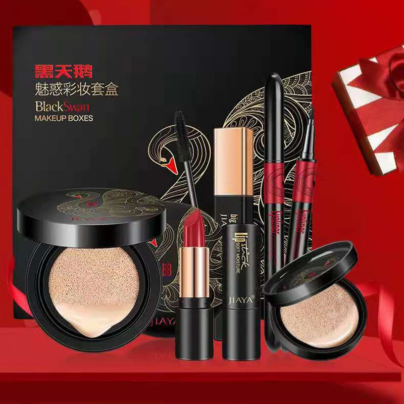 

Beauty Makeup Cosmetics Gift Box Set Black White Swan Mushroom Air Cushion Setting Powder Lipstick Highlighter Make Up Tool