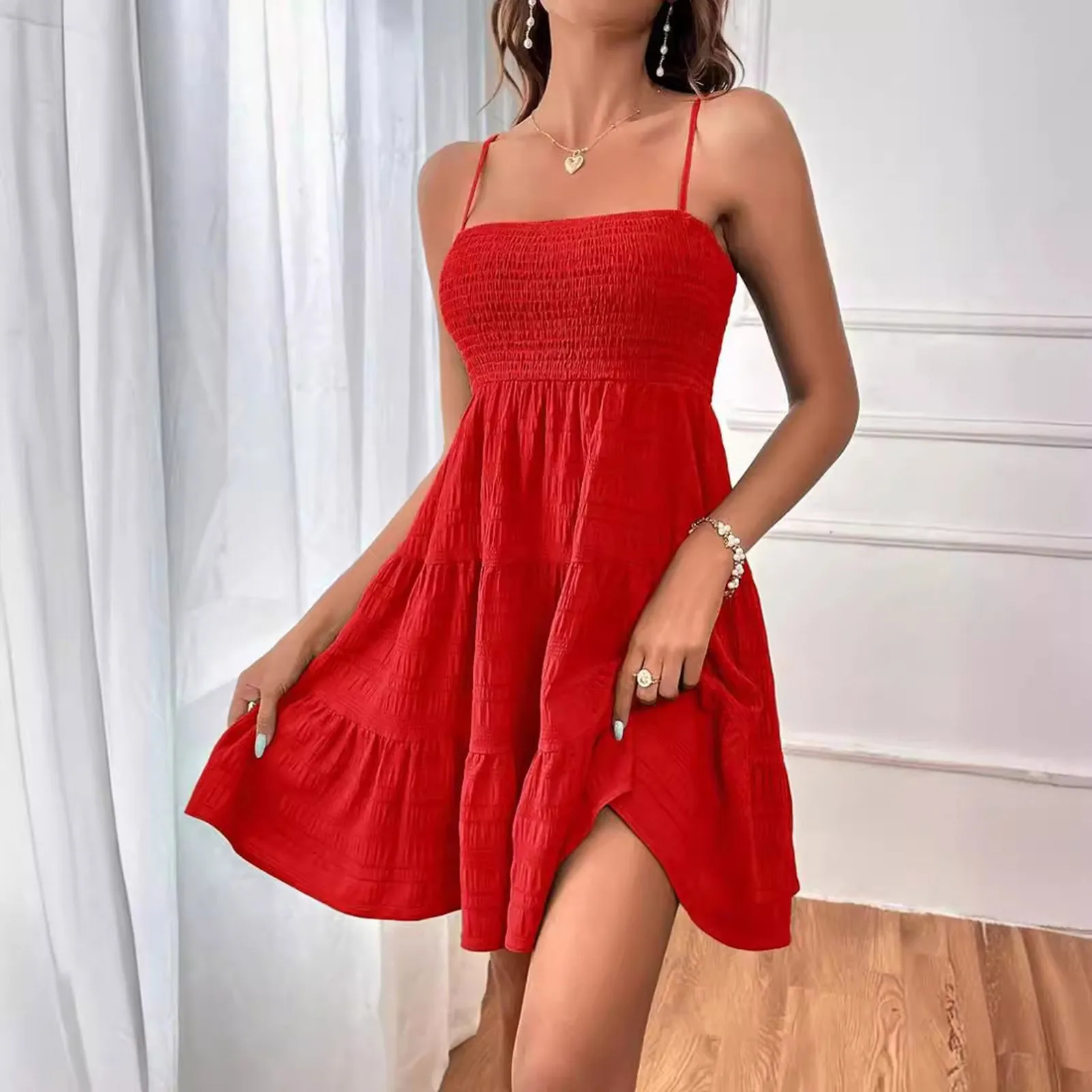 

Women's Ruffle Hem Versatile Short Skirts Solid Color Casual Short Dress Summer Sleeveless Sling Mini Sexy Dressses For Female