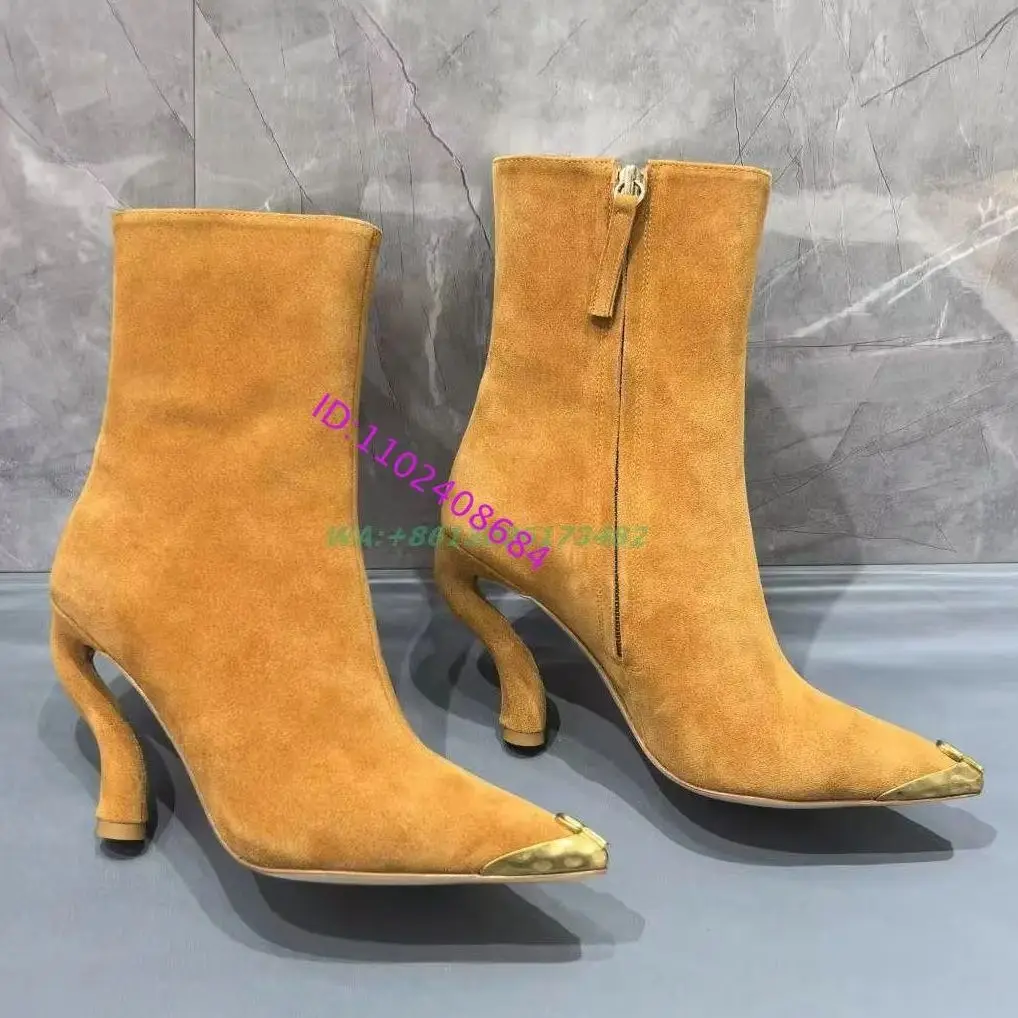 New Designer Women S-Shape Heel Metal Pointed Toe Heterotypic Heel Metal Toe Ankle Boots Stunning Metal Toe Sleek Heel Boots 42