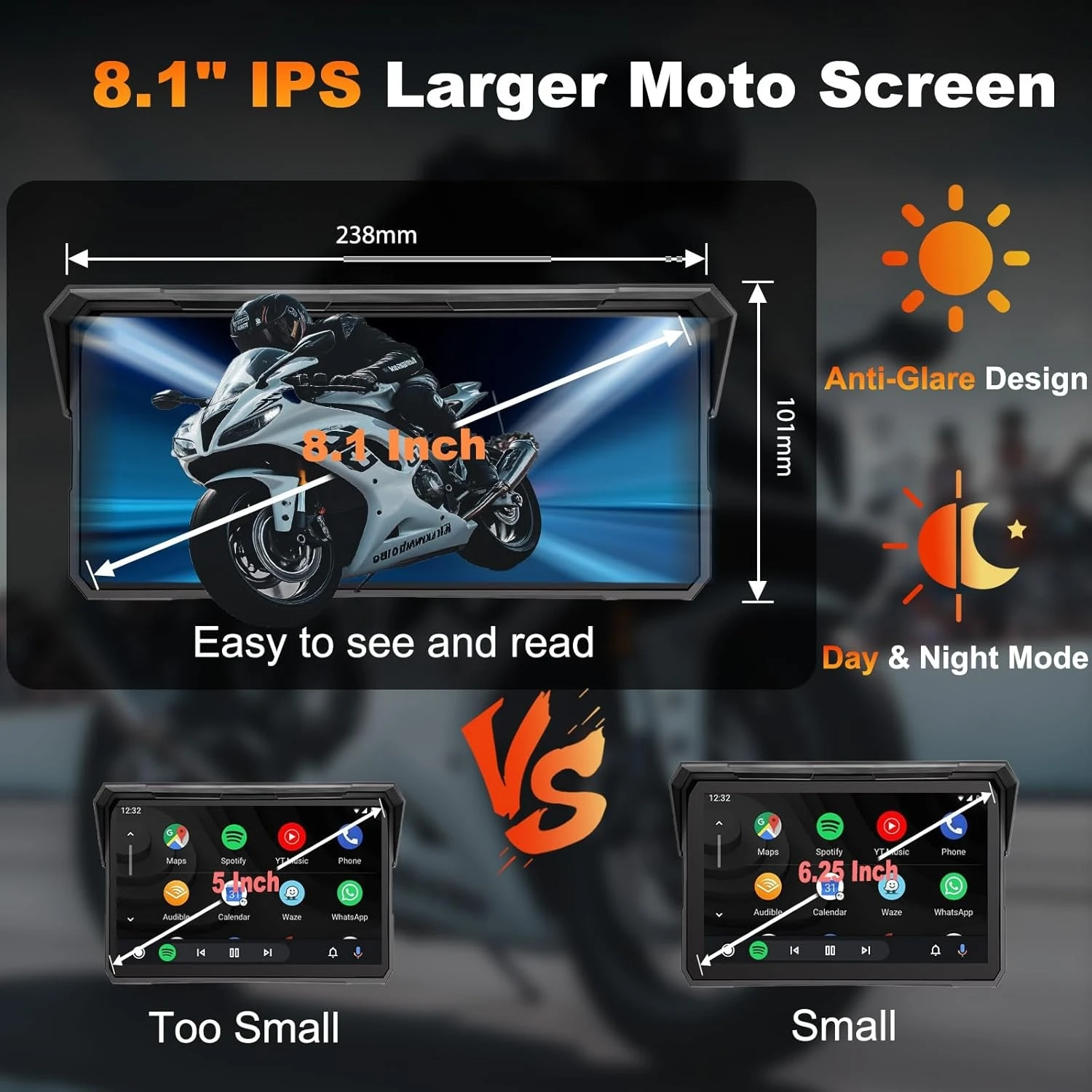 8.1 "دراجة نارية Carplay شاشة واي فاي أندرويد الملاحة التلقائية لتحديد المواقع IPX7 مقاوم للماء دراجة نارية مزدوجة بلوتوث TPMS موتو الملحقات