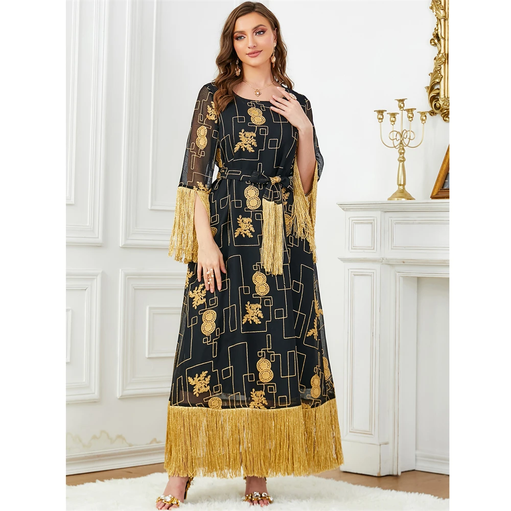 

Eid Party Tassel Elegant Women Muslim Long Maxi Dress Turkey Arabic Kaftan Dubai Islamic Ramadan Robe Morocco Jalabiya Vestidos