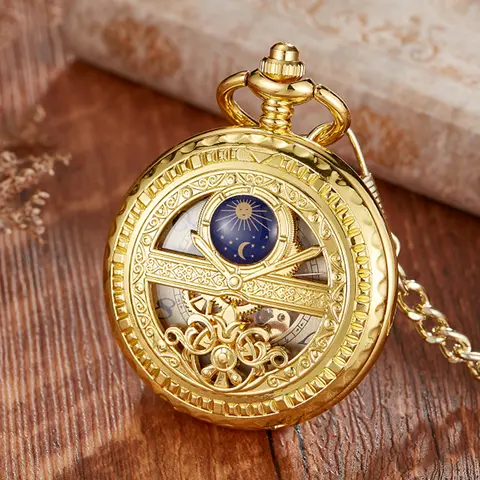 Vintage Gold Skeleton Mechanical Pocket Watch Engraved Star Moon Case Hollow Dial  Hand Wind Fob Watch with Chain for Men Women