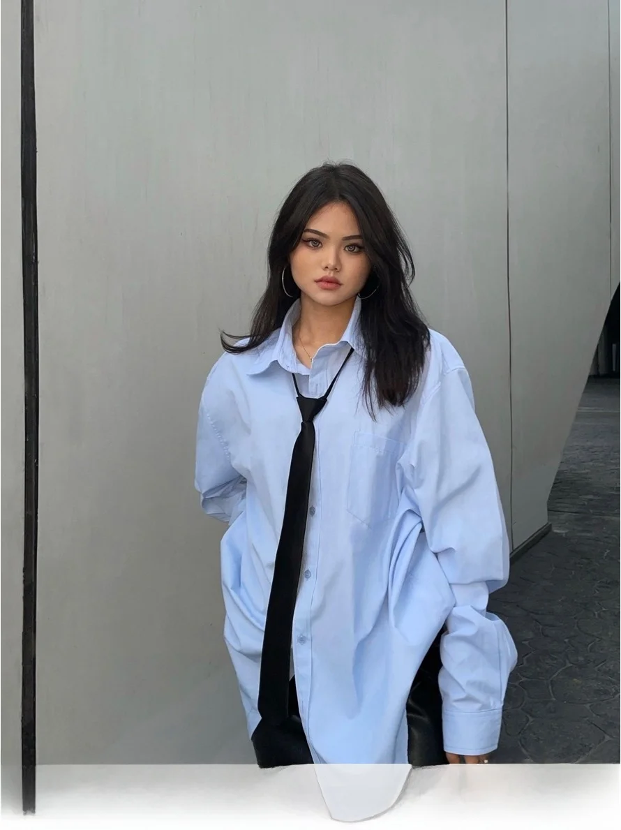 

Light Blue Long Sve irt Women's Spring Autumn New Sle BF Boyfriend Oversize Midi Casual Lazy Sle Cotton irt