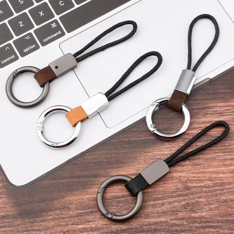 

Laser Custom LOGO Nubuck Cowhide Ring Leather Keychain Vintage Car Frosted Key Chains Engrave Company Name Keyring for Men Women