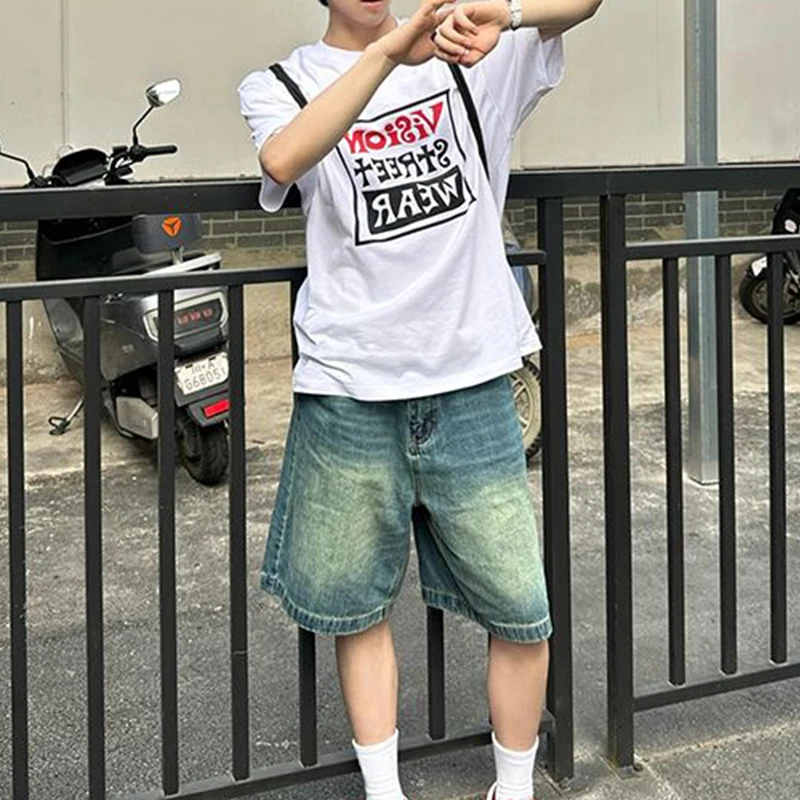 

Mens Gradient Washed Loose Fit Denim Shorts Five Pocket Casual Jean Shorts