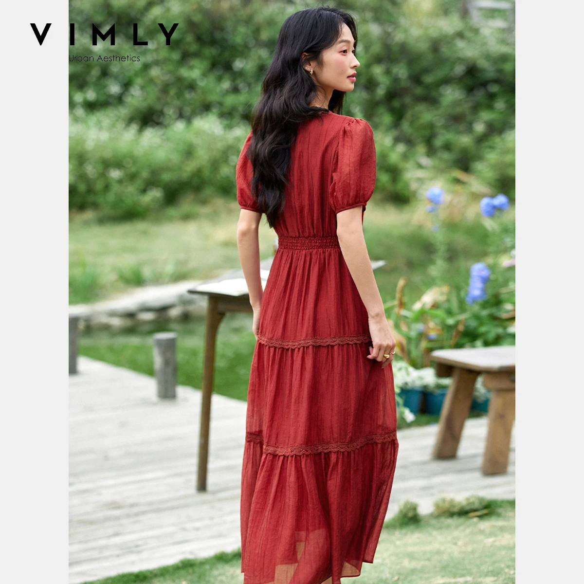 VIMLY Women Summer Midi Dresses Woman 2025 Elegant Ladies Lace V-neck Short Sleeve Smocked Waist Red Dress Robe Femmes A1625