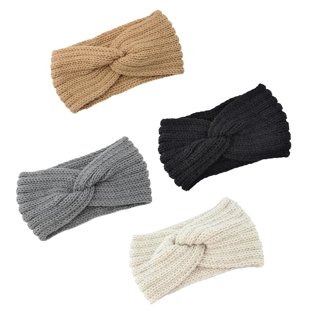 4pcs Knitted Wool Hair Band Cross Splice Headbands Hair Accessories Headwrap for Women Girls (Black, Beige, Camel, Grey)