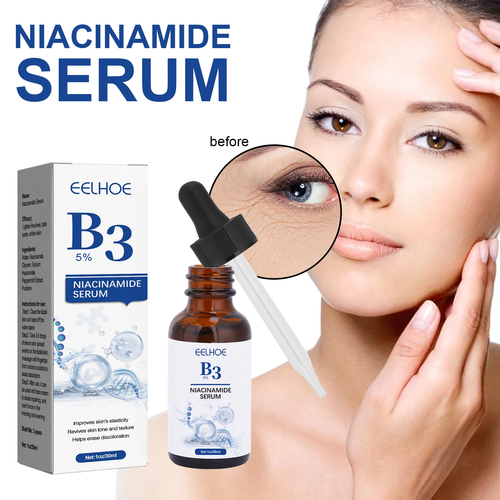 B3 Nicotinamide Whitening Essence Facial Anti Wrinkle Serum Diminishing Dark Spots Shrinking Pores Moisturize Face Care Product