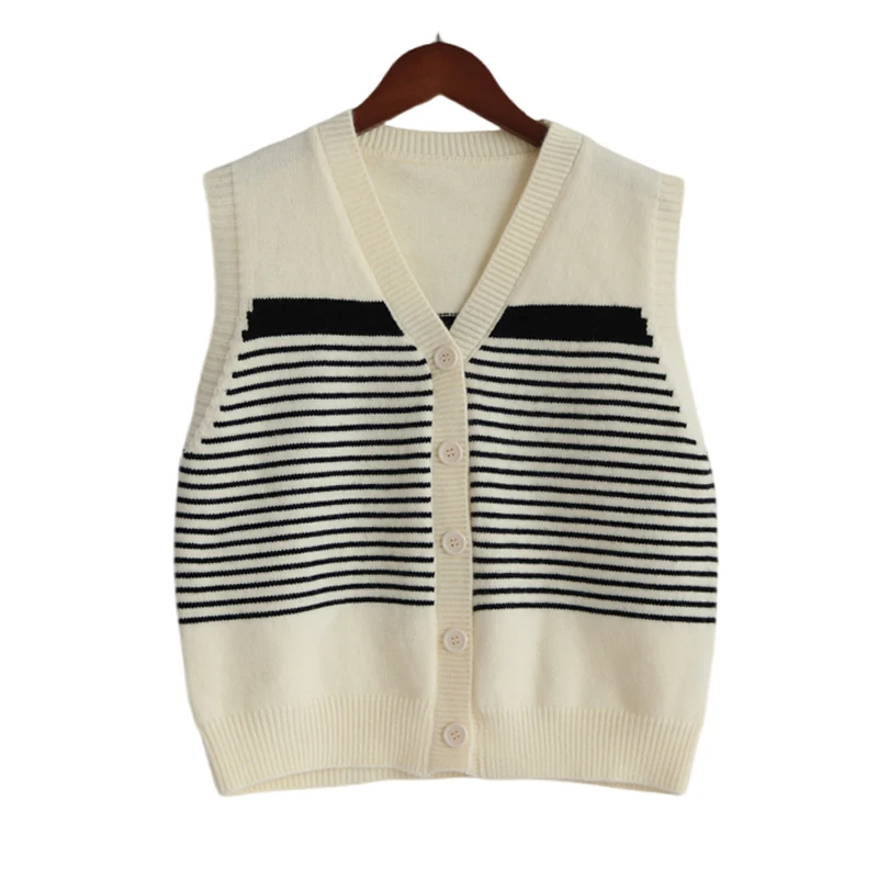 

New Autumn Winter V Neck Striped Knitted Vest Women 2024 Korean Fashion Preppy Cardigan Sweater Outerwear Sleeveless Waistcoat