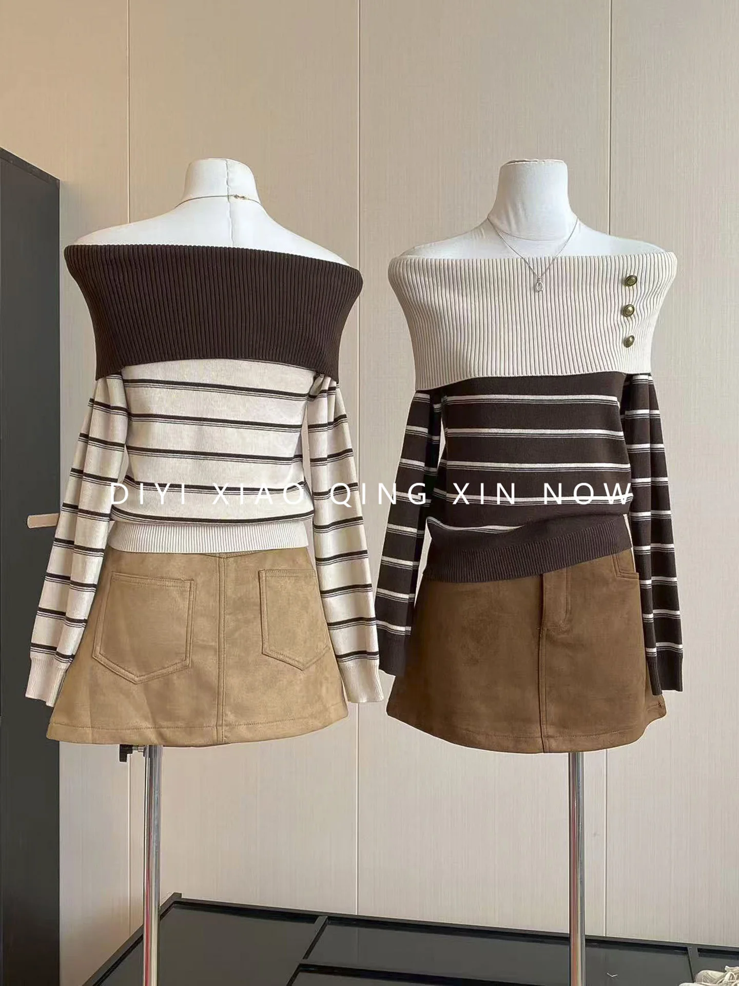 Women's Wool Knitted Sweater Shoulder Bared Striped Slim Fit Korean Style Long Sleeve Polyester Fiber Autumn Fashion 2026