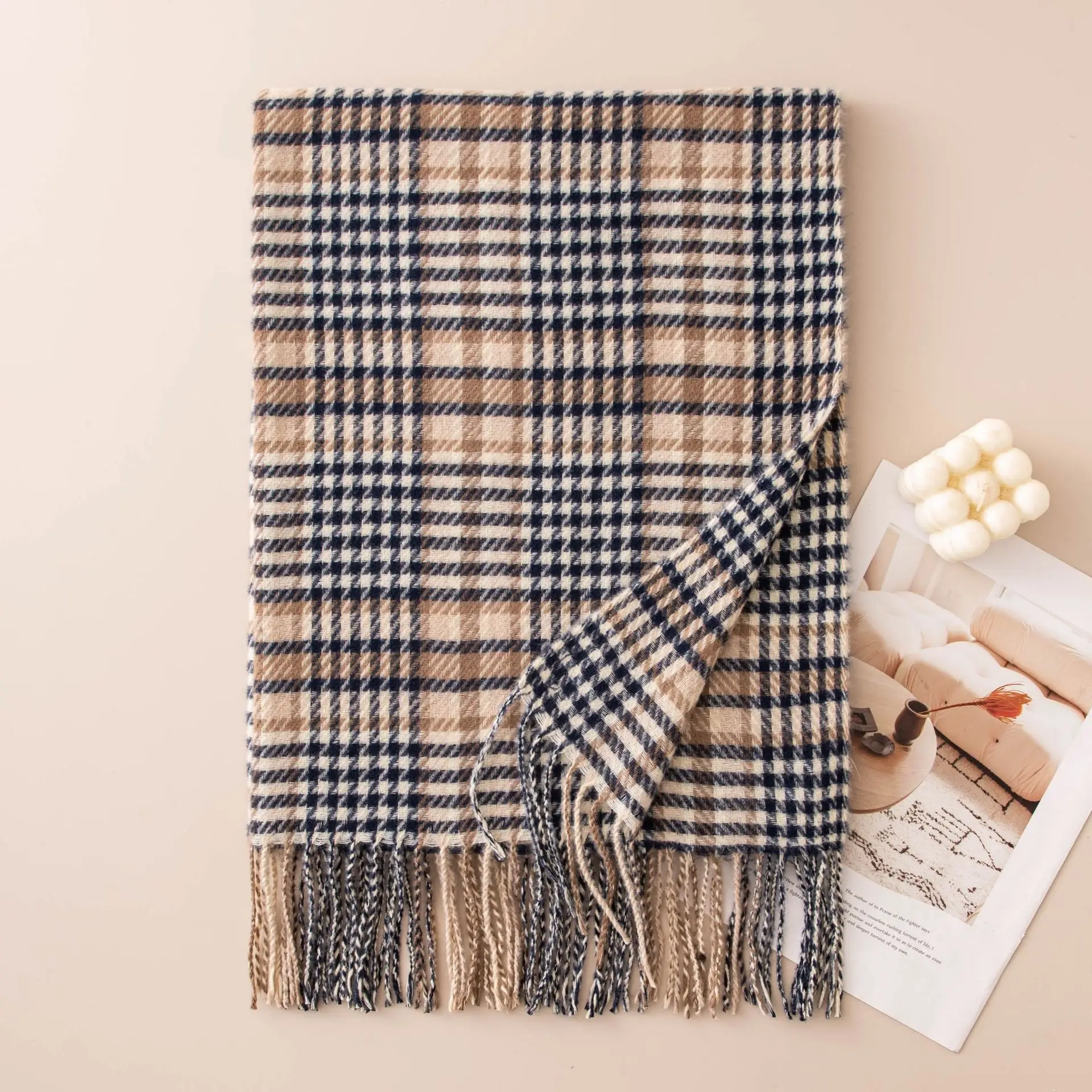 Women's Houndstooth Faux Cashmere Scarf, Autumn Winter Warm Pashmina Wrap, British Fringe Shawl, Versatile Plaid Neck Scarf