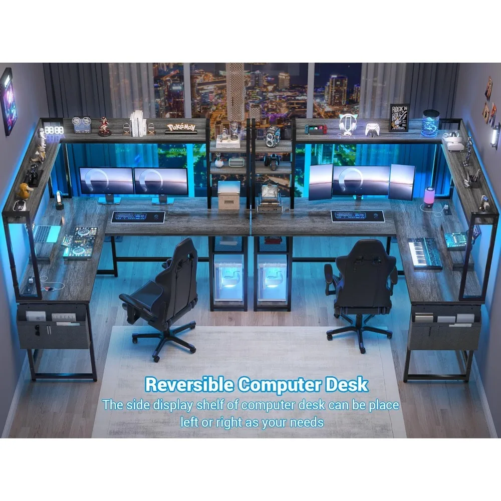 Reversible Home Office Desk L Shaped Desk With Power Outlet Gaming Computer Desks Gamer Table for Pc Grey Oak Laptop Table Bed