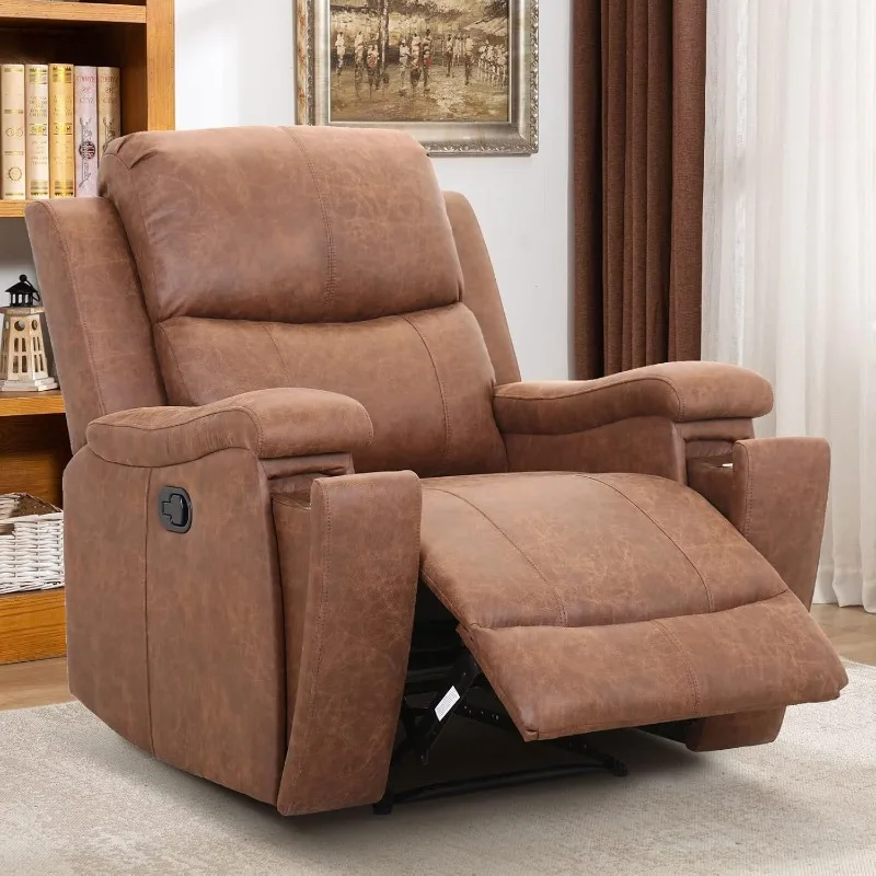 Leather Recliner Chair, Classic and Traditional Manual Recliner Chair with Overstuffed Arms and Back, Manual Single Sofa