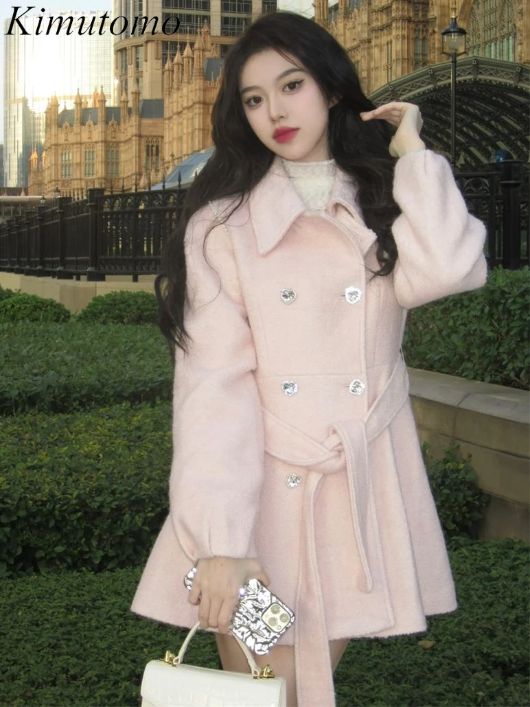 Kimutomo Heart Shape Button Wool Coat Women Lace Up Pearls Beaded Pink Jackets Hepburn Style Sweet Kawaii Winter Clothes