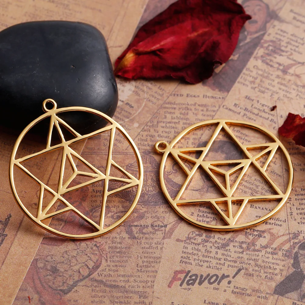 Copper Merkaba Meditation Pendants Round Gold Color Hollow Metal Charms DIY Necklace Jewelry Gifts Findings 39mmx36mm,1PC