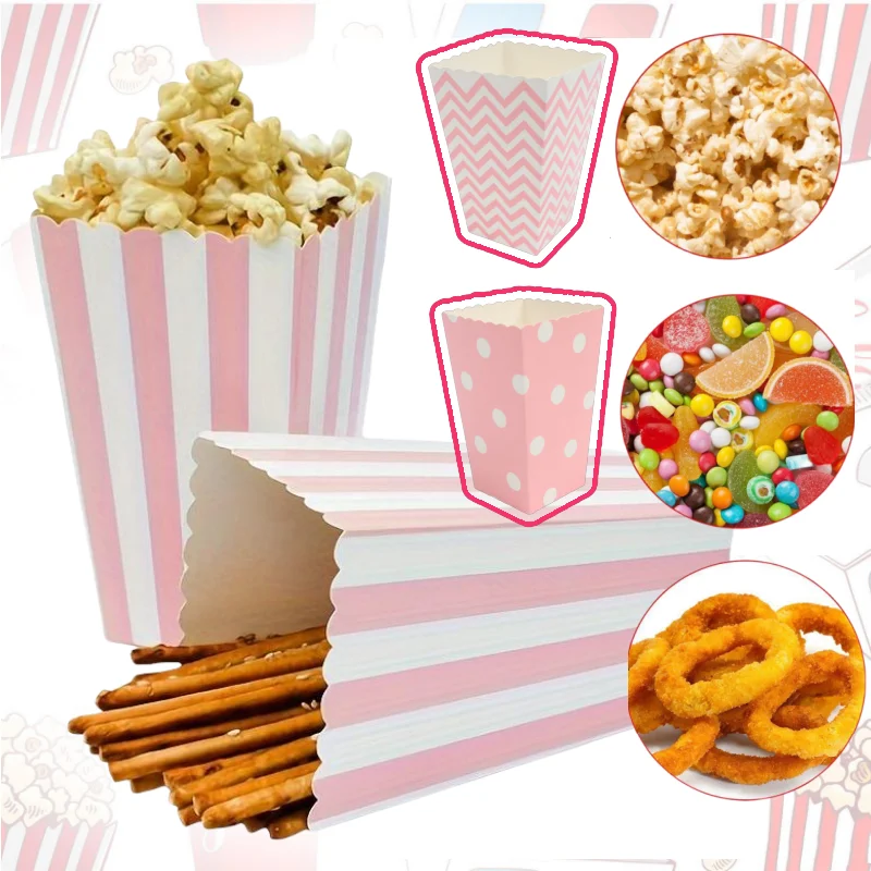 12pcs Pink Paper Popcorn Boxes Striped Polka Dot Design Candy Cardboard Buckets For Theater Carnival Birthday Party Favor Bags