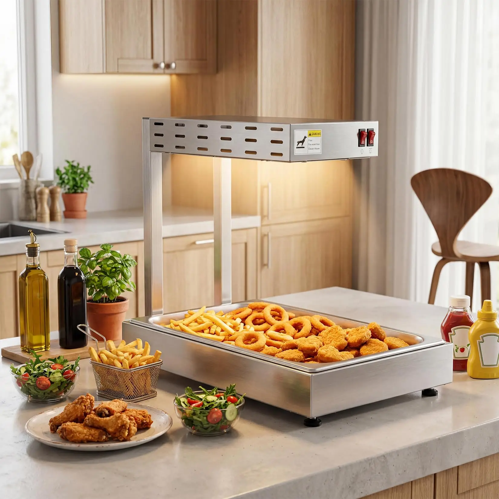 Estação de aquecimento de alimentos por infravermelho comercial com base de aço inoxidável, lâmpada de calor para balcão, para batatas fritas, pizza, buffet e restaurante.