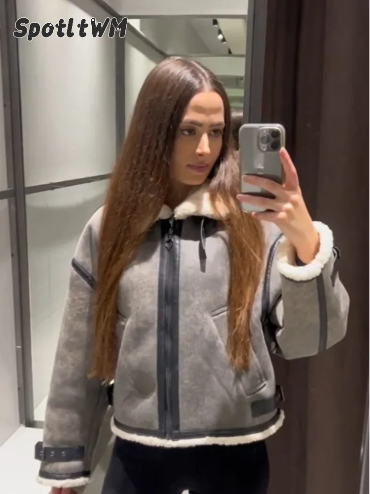 Women Casual Grey Distressed Faux Shearling Jacket Cream Sherpa Collar Cuff Black Leather Oversize Warm Winter Coat Outerwear