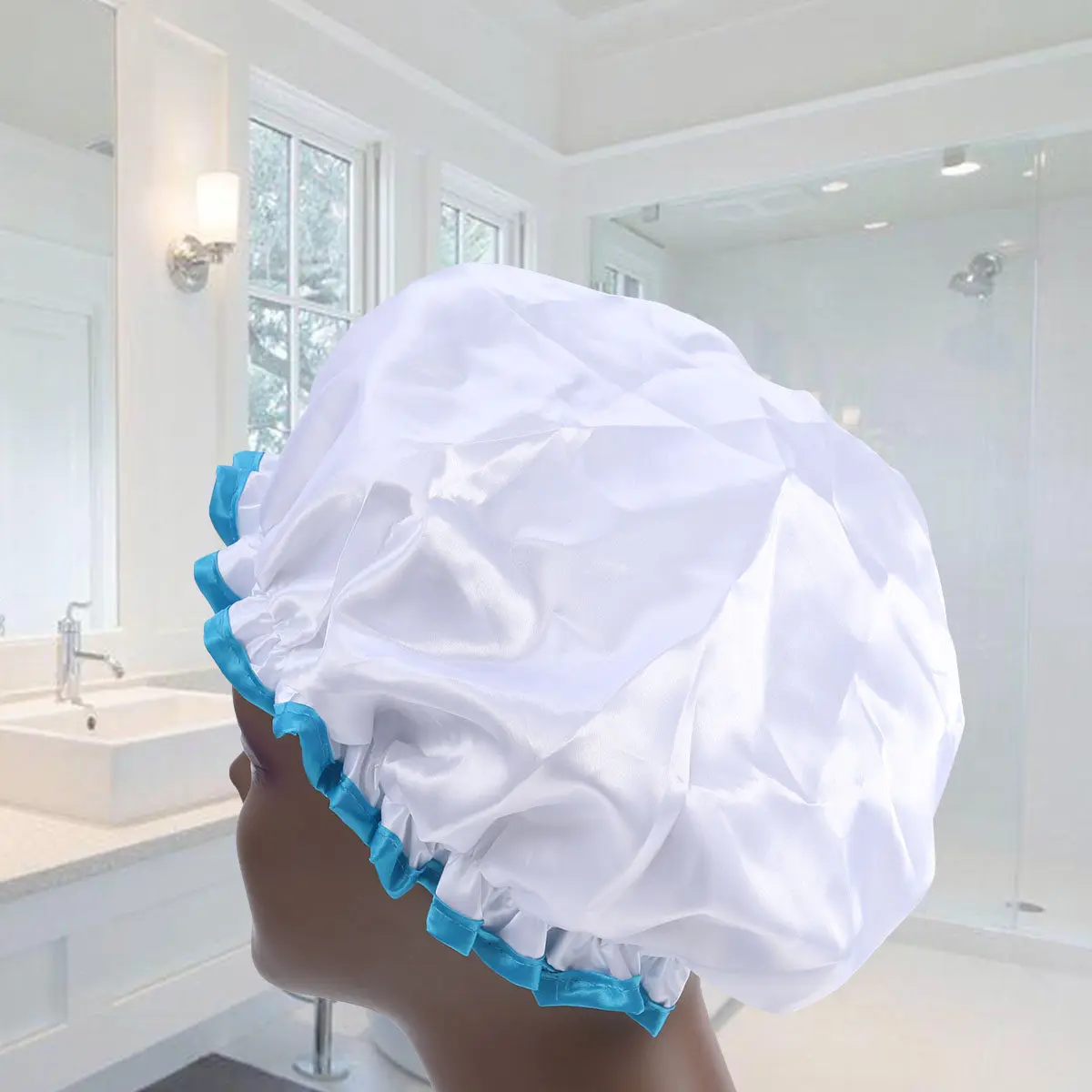 

Двухслойная водонепроницаемая моющаяся шапочка для душа с синим краем, устойчивая к плесени, многоразовая, мягкая шапочка для душа и купания для женщин