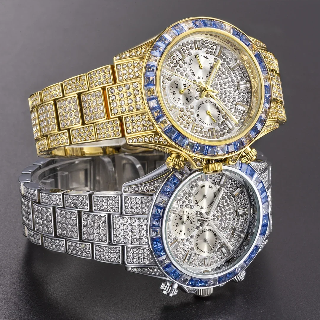 Reloj de pulsera de cuarzo para hombre, cronógrafo chapado en oro de 18K, con diamantes completos, estilo Rap, Hip Hop