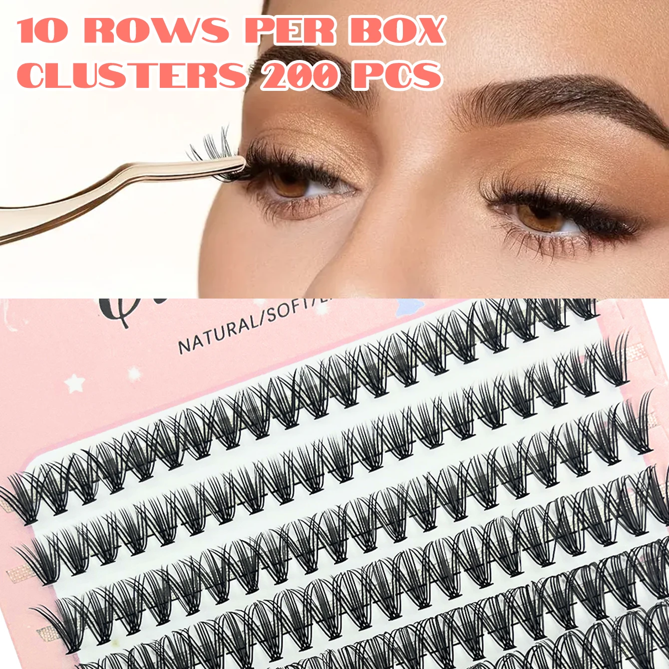 Natürlich aussehende 20D-DIY-Wimpern – weiche, wispige Cluster-Wimpern in gemischten Längen (9–16 mm) – D-Curl, flauschig und voluminös, wiederverwendbar