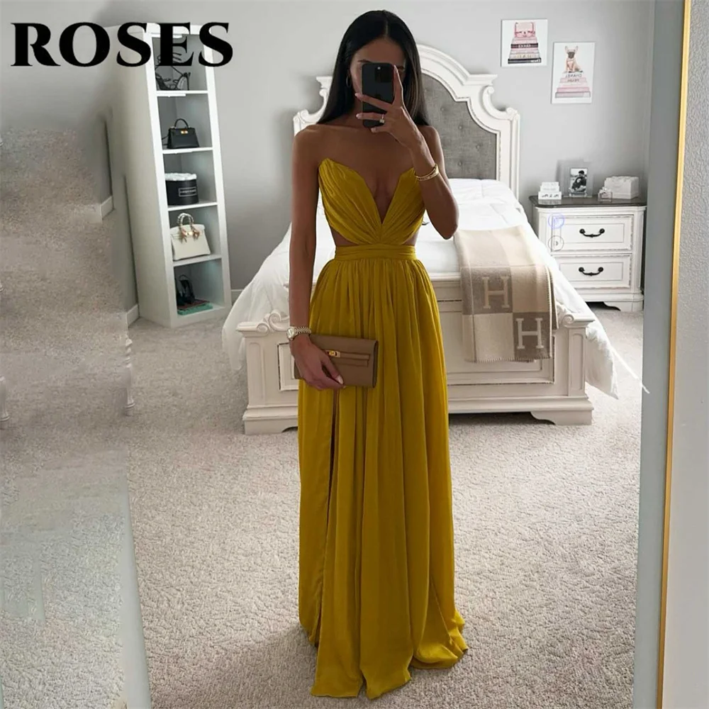 ROSES Simple Yellow Charming Prom Dress Gown Pleats Stain Formal Gown Beach V-Neck Sleeveless Evening Gown vestidos de noche