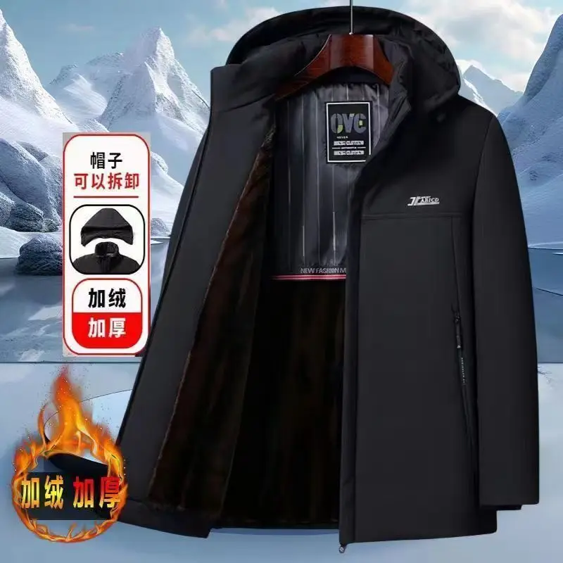 Men's Winter Cotton-padded Jacket Casual Fleece Thickening Warm Outerwear Classic Windproof Fleece-Lined Coat Hat Detachable