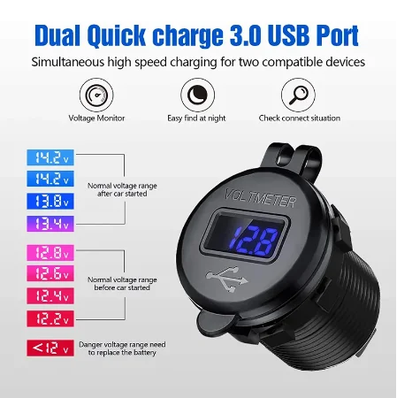 

Автомобильное зарядное устройство QC3.0 с двумя USB-портами, кнопкой включения, LED-дисплеем напряжения, быстрая зарядка 12В/24В для автомобилей, лодок, мотоциклов, морского транспорта
