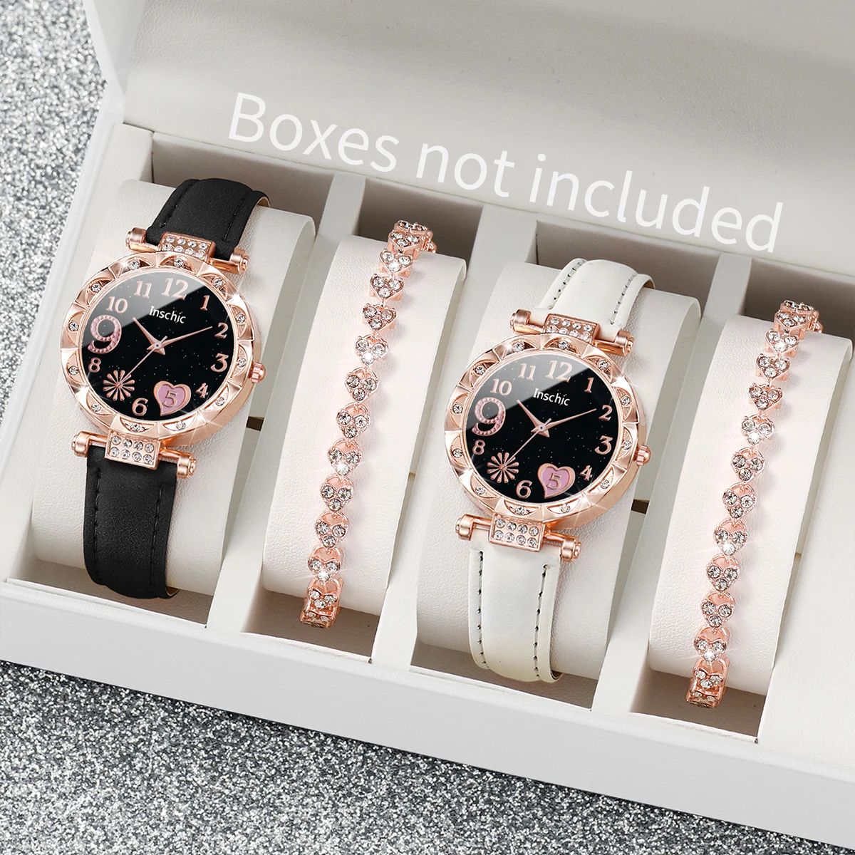 

4PCS/Set Fashion Women's Watch Love Romantic Dial Leather Quartz Watch Black White with Love Diamond Bracelet