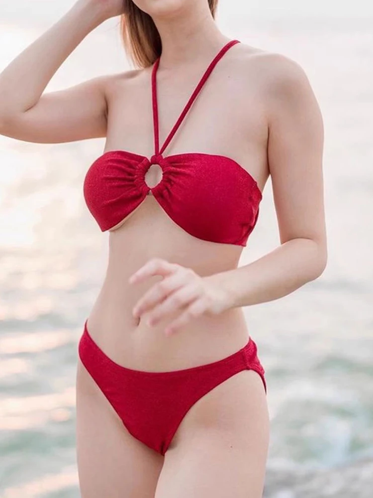 OIINAA Red Swimsuit Women Neck-mounted Sexy Bathing Suit Holiday Hot Spring Swimwear Summer 2025 Lace Up Cover-Ups Wrap Skirt