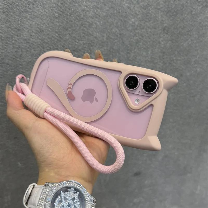 Cute Cat Ear Magsafe Case for iPhone 13 14 15 16 Pro Max 11 12 15 16 Plus Transparent PC TPU Armor Cover with Wrist Strap Chain