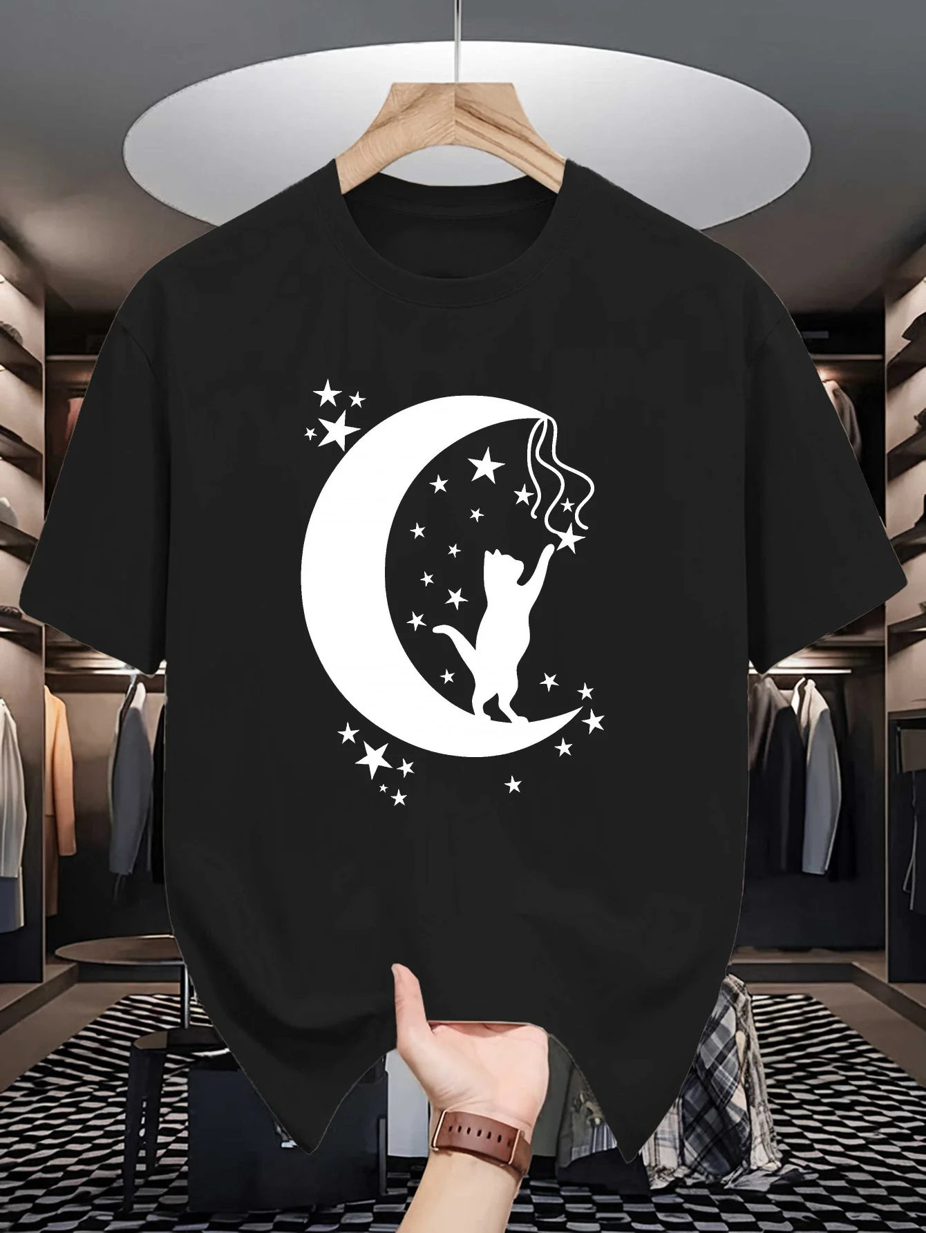 Mens Crew Neck T Shirt Mystical Black Cat Moon Star Silhouette Graphic Short Sleeve Casual Cotton Animal Lover Daily Street Tees