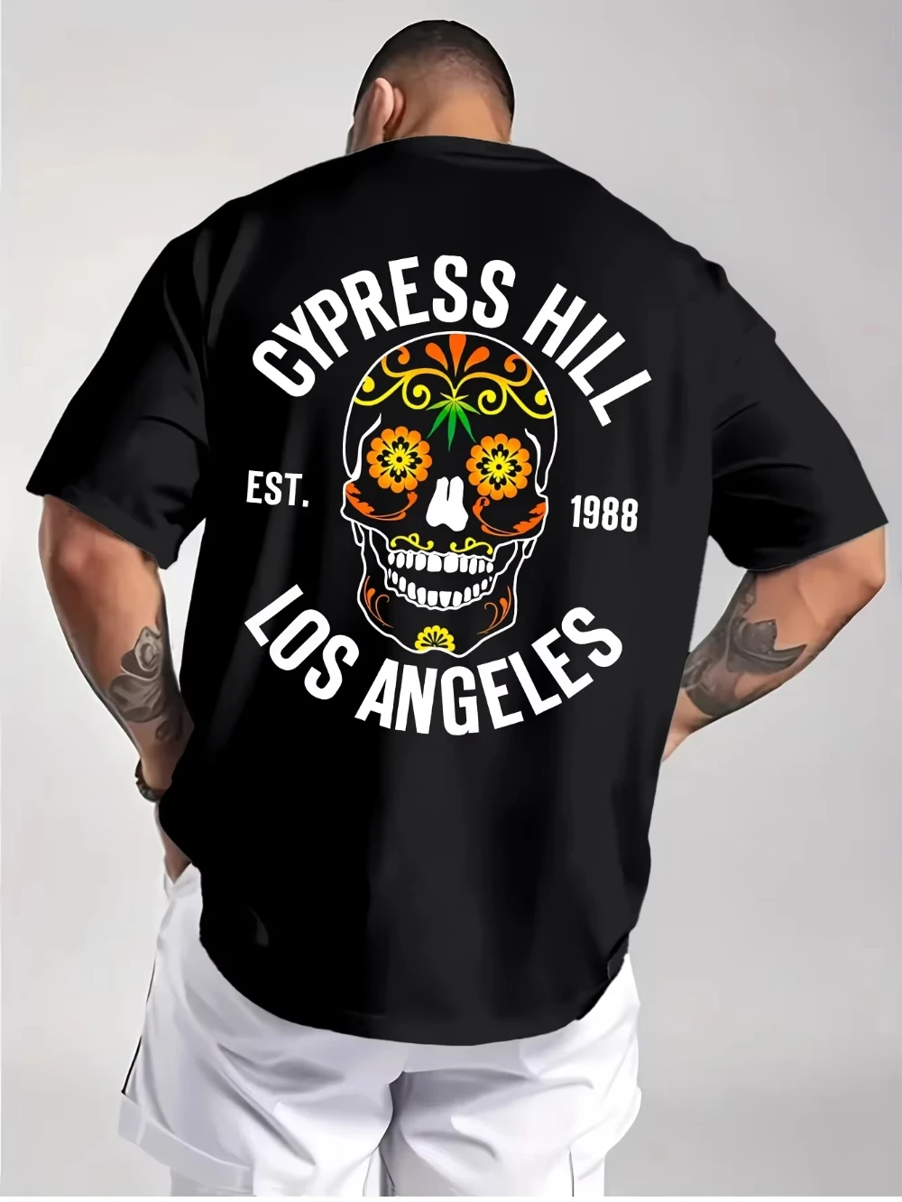 2026 Sugar Skull Floral Graphic T Shirt, Day of the Dead Back Print Short Sleeve Tops for Kids Adults Cream Color