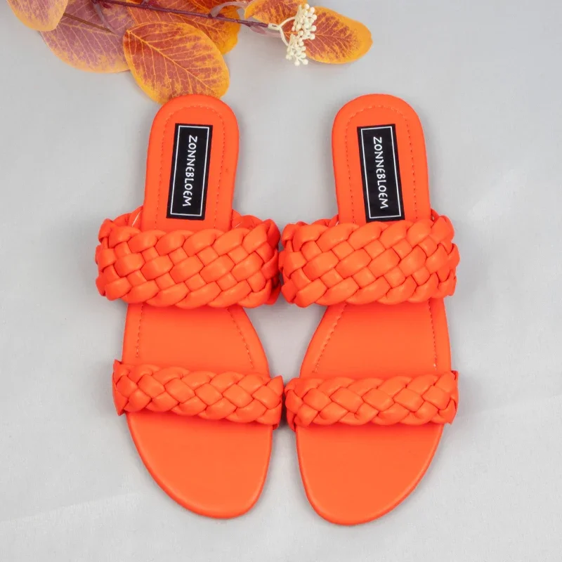 2024 New Designer Women Outside Slippers Summer Woman Flat Slides High Quality PU Leather Fashion Double Weave Beach Sandals