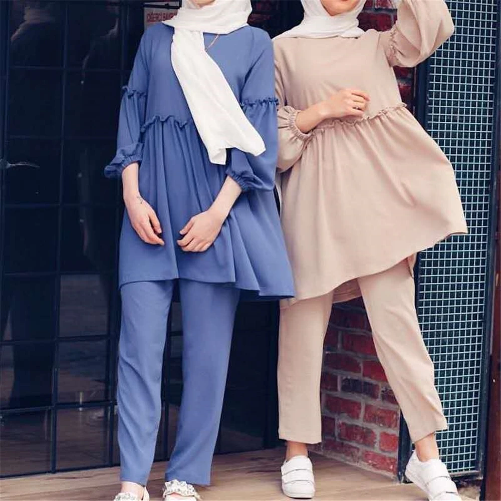 Plain Muslim Women Abaya 2 Piece Casual Long Sleeve Tops+Pants Set Turkey Kaftan Eid Mubarak Islamic Arab Dubai Ramadan Clothing