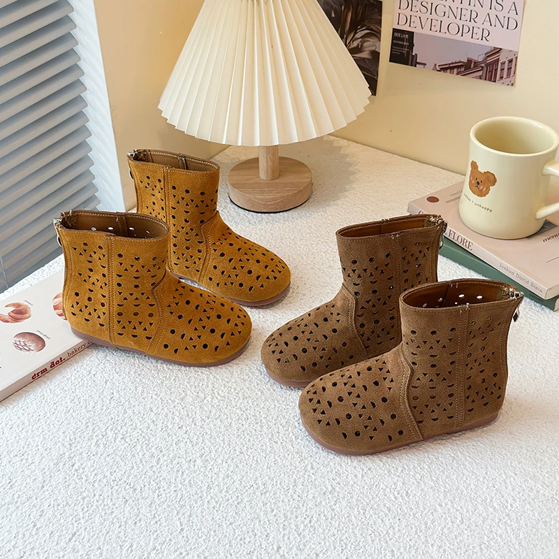 Girls Vintage Hollow Short Boots, Perforated Upper, Rear Zip Closure, Anti Slip Sole, Comfort Boots for Daily Outfit Matching