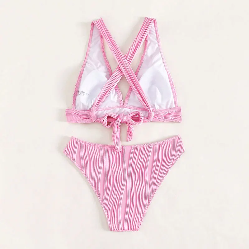 Women Summer Elegant Solid Color Bikini Women's Strappy Two-Piece Swimsuit Hot Spring Swimsuit Sexy Backless Bandage Beachwear