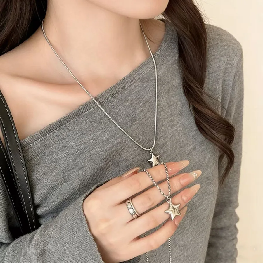 Minimalist Stylish Glossy Silver Color Star Necklace For Women Unisex Trendy Simple Snake Chain Jewelry Friend Gift Party Office