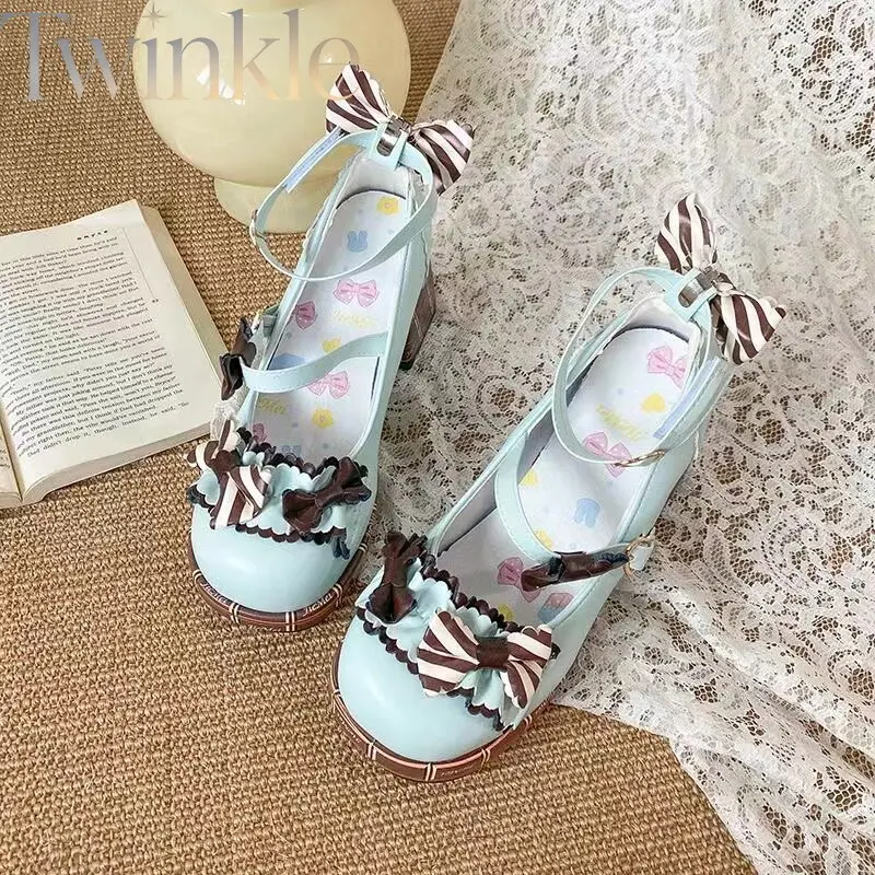 Lolita Mary Jane Shoes Sweet Bowknot Chocolate Cute High Heel Women Dress Pumps Platform Kawaii Cosplay Party Shoes